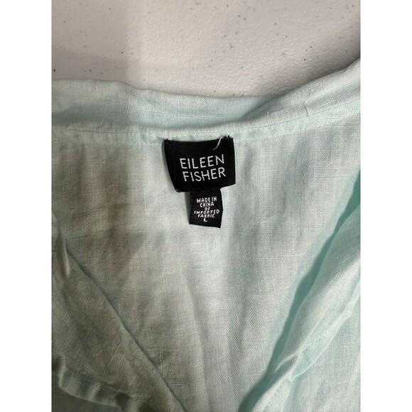 Eileen Fisher Irish Linen Top Large Button Down Collar 3/4 Sleeve Blue $158 - Picture 5 of 9